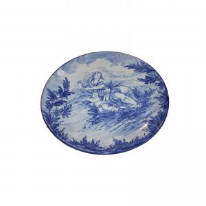 Blue and white Italian ceramic plate – Early 20th century, scene with putto and lady with lyre